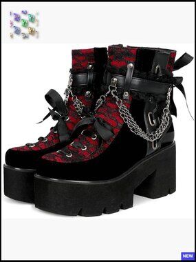 Victorian Lace Platform Goth Boots Chunky High Heels Ankle Booties Lace-Up Punk